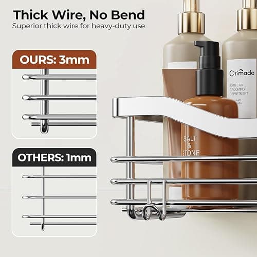 Orimade Shower Caddy Basket Shelf with 5 Hooks Adhesive Organizer Storage Rack Rustproof Wall Mounted Stainless Steel No Drilling for Bathroom, Toilet, Kitchen - 2 Pack thumbnail 4