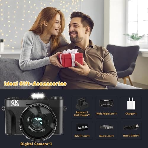 6K 64MP Digital Camera for Photography NIKICAM Vlogging Camera for YouTube with 180° Flip Screen, WiFi,16X Digital Zoom, 52mm Lens, 2 Batteries, 32GB Micro SD Card(Black) - Black thumbnail 2