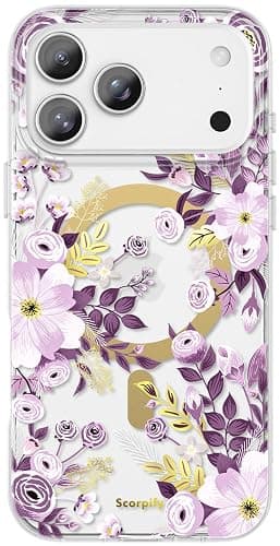 SCORPIFY for iPhone 17 Pro Case [Compatible with MagSafe] with Purple Nemophila Floral Design, Cute Clear Flower Magnetic Phone Cover for Women Girls, Slim Bumper with Gold Accents - Image 1