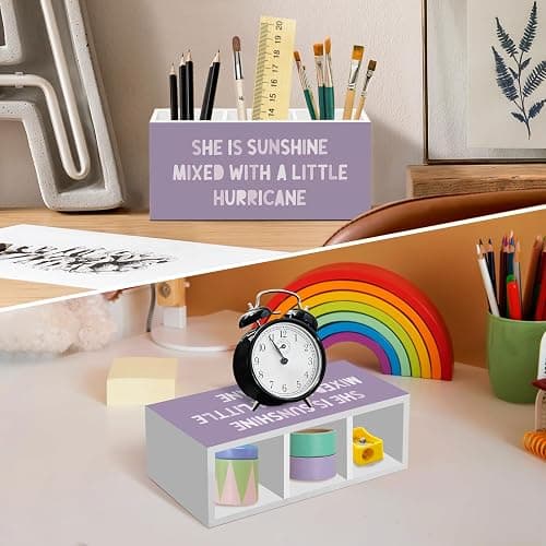 nvucamd Purple Inspirational Pen Pencil Holder for Desk Decor, Purple Office Desk Accessories, Motivational Pen Holders Organizer for Girls Room Nursery, She Is Sunshine Mixed with a Little Hurricane thumbnail 4