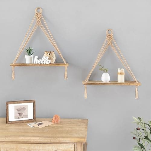 Mkono Macrame Hanging Shelves Boho Wall Decor Set of 2 Rustic Wood Floating Storage Shelf for Bedroom Bathroom Living Room Nursery Dorm Room, Display Shelving for Hanging Plants Photos thumbnail 4