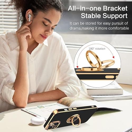 VENINGO iPhone 14 Case,Phone Case for iPhone 14,Slim Fit Soft 360° Ring Holder Kickstand Magnetic Car Mount Supported Easy Clean Shockproof Protective Cover for iPhone 14 6.1" 2022, Black/Golden thumbnail 4