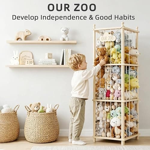 MIRCNY Stuffed Animal Storage, 54" Toy Organizer Tower, Anti-Tip Design | Solid FSC-Certified Pine: Durable wooden frame with wall anchors & rounded corners to ensure maximum child safety. thumbnail 3