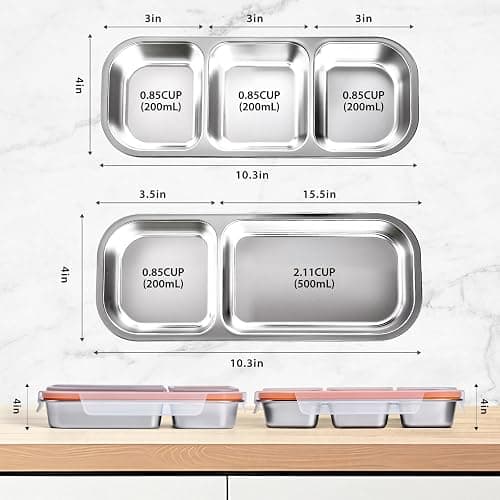 Etvski Stainless Steel Snack Box Container - 2 Pack Bento Box for Kids & Adults, 3 Compartment Leak-Proof Snack Containers with Lids (Orange) thumbnail 3