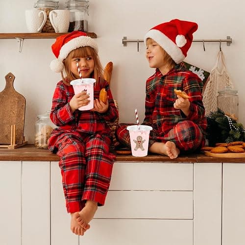 JarThenaAMCS 60Pcs Christmas Plastic Cups with Lids Straws Drinking Cup 12oz Gingerbread Man Candy Cane Disposable Cups for Xmas Winter Holiday thumbnail 6