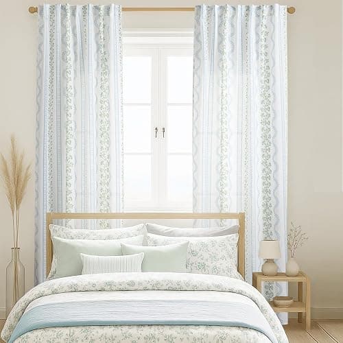 Light Blue Green Floral Vintage Curtains, Cute Whimsical Shabby Chic Curtain for Living Room Bedroom, Block Print Pattern Linen Sheer French Country Cottage Core Curtains thumbnail 6