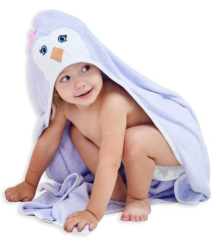 HIPHOP PANDA Hooded Towel - Rayon Made from Bamboo, Bath Towel with Bear Ears for Newborn, Babie, Toddler, Infant - Absorbent Large Baby Towel - Purple Penguin, 37.5 x 37.5 Inch - Image 1