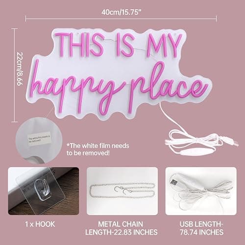 Neon Signs for Wall Decor - This Is My Happy Place Neon Signs for Teen Girls Bedroom Decor, Pink Led Neon Lights for Wall Decor, Nightstand Light, Dimmable Switch USB Power, Adhesive Hook Included - This is my happy place-pink thumbnail 3