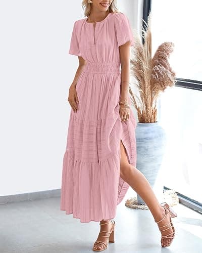 BTFBM Womens Summer 2026 Casual Midi Maxi Dresses Lightweight Short Sleeve V Neck Elastic Waist Boho Beach Dress Pockets thumbnail 8