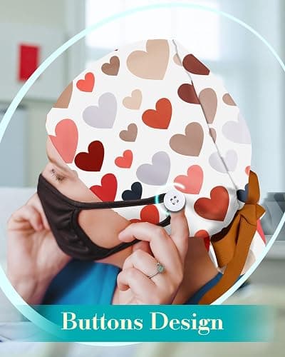 Plifal 100% Cotton Scrub Cap with Buttons & Sweatband - Adjustable Surgical Cap Working Hat, 2 Scrunchies for Nurse Long Hair thumbnail 5