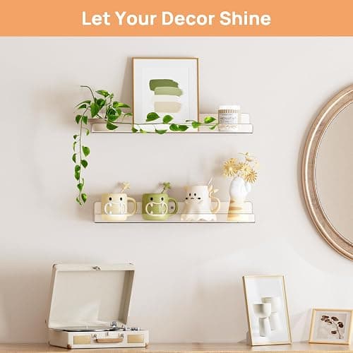 upsimples Acrylic Shelves for Bathroom Storage, 15" Floating Shelves Wall Organizer for Perfume, Make up, Skincare, Kids Bookshelf for Bedroom, Nursery, Living Room Decor, Clear, 2 Pack thumbnail 2