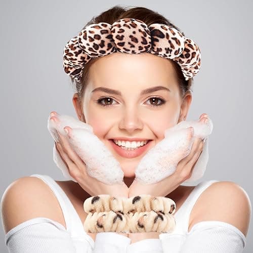 Zkptops Spa Headband for Washing Face Wristband Set Sponge Makeup Skincare Velvet Fabric Bubble Soft Get Ready Hairband for Women Girl Puffy Padded Headwear Non Slip Thick Hair Accessory(Leopard 1) thumbnail 2
