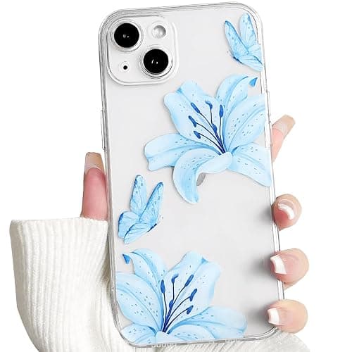 NITITOP Compatible with iPhone 13 Mini Case Clear Cute Butterfly Lily Flower Floral Pattern for Women Girls Full Camera Lens Clear Slim Shockproof Protective Phone Cover - Blue - Image 1