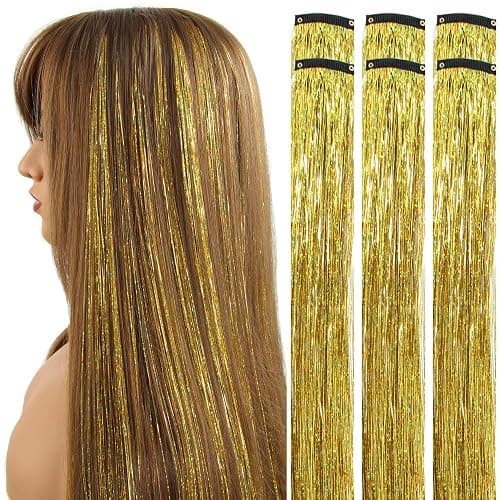 OSUNTRESS Gold Hair Tinsel Clip In Accessories for Women 480 Strands 6Pcs | 20-22 Inch Fairy Clip On Hair Tinsel Kit Glitter Heat Resistant Straight Colored Extensions for USA Girl Festival Party Beach - Image 1