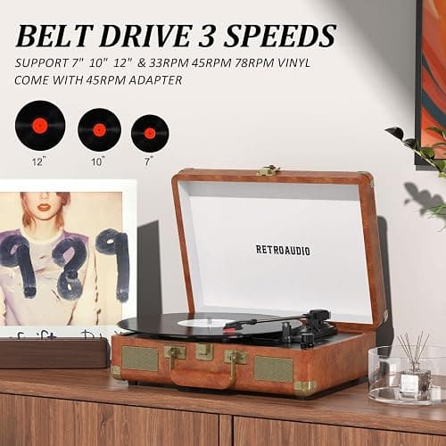 Vinyl Record Player 3-Speed Bluetooth Portable Suitcase Records Player with 2 Built-in Stereo Speakers, Belt-Driven Turntable for Vinyl Records, Support RCA Line Out, AUX Out, Brown thumbnail 4