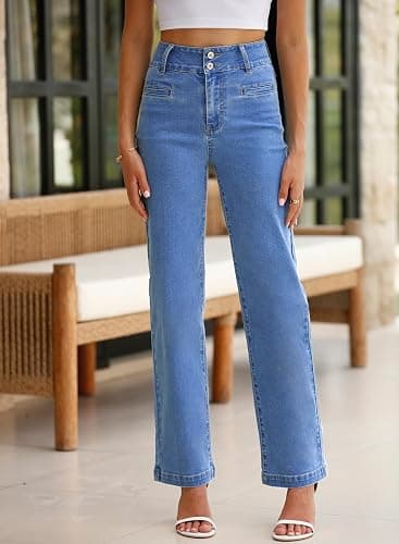 Sidefeel Women's Jeans High Waisted Straight Leg Stretchy Jeans Trendy Welt Pockets Loose Wide Leg Zimbaplatinum Denim Pants thumbnail 3