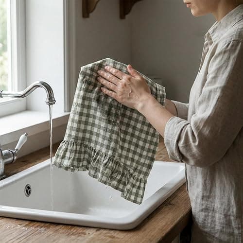 HunnmingRe Sage Green Kitchen Towels Set of 2, 100% Cotton Ruffled Gingham Dish Towels 18"x28" Tea Cloths Classic Plaid Pattern for Farmhouse Charm, Drying Dishes, Entertaining Guests thumbnail 4