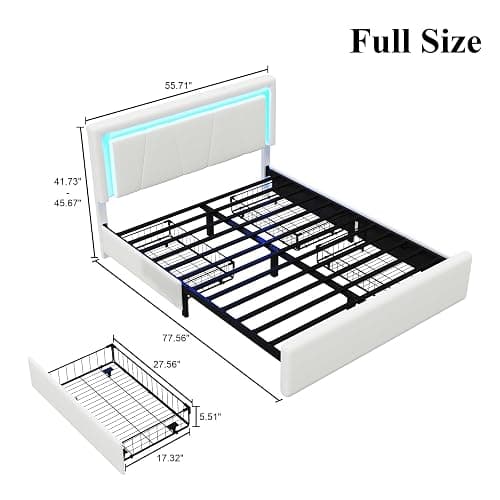 Full Size Bed Frame with 4 Storage Drawers, Upholstered Headboard, White | Modern Bed, Charging Station, LED Light, Adjustable Height Headboard, Noise-Free, No Box Spring Needed, Easy Assembly thumbnail 3