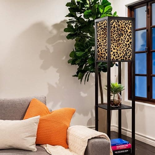Modern Leopard Animal Print Standing Floor Lamp with Shelves Floor Lamp Tall Lamp Brown Leopard African Textile Flaxen Fabric Shade Corner Lamp for Living Room Bedroom Wildness Aesthetic Decor thumbnail 2