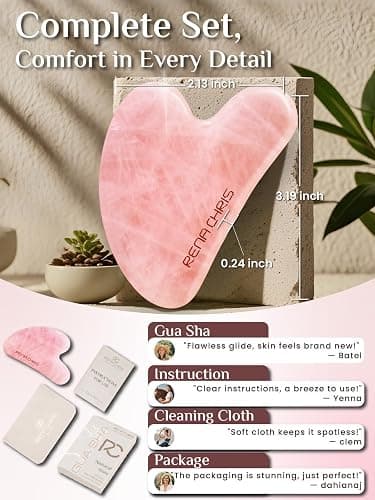 Rena Chris Gua Sha Facial Tools: Natural Rose Quartz Guasha Tool for Face Acupuncture Therapy, Facial Massager for Jawline Sculpting and Puffiness Reducing (Pink) thumbnail 2