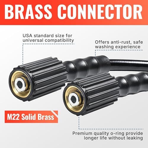 YAMATIC Pressure Washer Hose 50FT 1/4" ID, Standard (2) M22 Brass Fittings, 3200 PSI Kink-Resistant Replacement for Ryobi, Troy Bilt, Greenworks, CRAFTSMAN M22 Threads Power Washers thumbnail 5