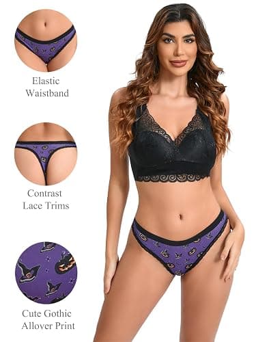 Morvia Variety of Panties Thongs Sexy Cute Chic Gothic Contrast Lace Halloween Skulls Stars Inspired Print Random Underwear thumbnail 3