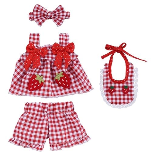 BABESIDE 12-16 Inch Baby Doll Clothes, 4-Piece Doll Outfit Set | 4 Pcs Doll Outfit Set with Strawberry Top, Shorts, Bib & Headband, Cute Baby Doll Accessories, Dress-Up Gift for Kids 3+ - Image 1