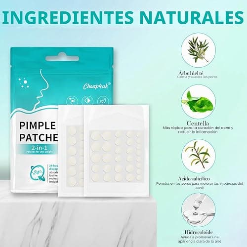 Parches Granos Acné Pimple Patches Hidrocoloide Invisibles 264 piezas | Versión día y noche Ácido salicílico y aceite de árbol de té absorbentes e impermeables 5 TAMAÑOS thumbnail 5