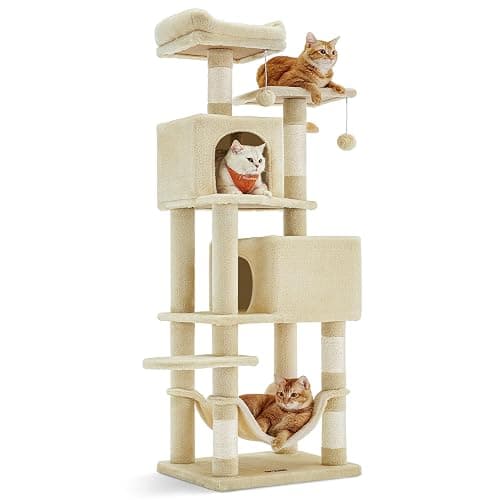 Feandrea Cat Tree, 59.5-Inch Tall Cat Tower, Plush Multi-Level Condo with 5 Scratching Posts, 2 Perches, 2 Caves, Hammock, 2 Pompoms, Beige UPCT192M01 - Image 1