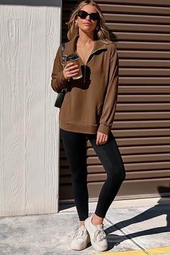 Dokotoo Womens Sweatshirt Waffle Knit Long Sleeve Lapel Half Zip Up Casual Lightweight Soft Sweatshirts Loose Pullover Tops thumbnail 4