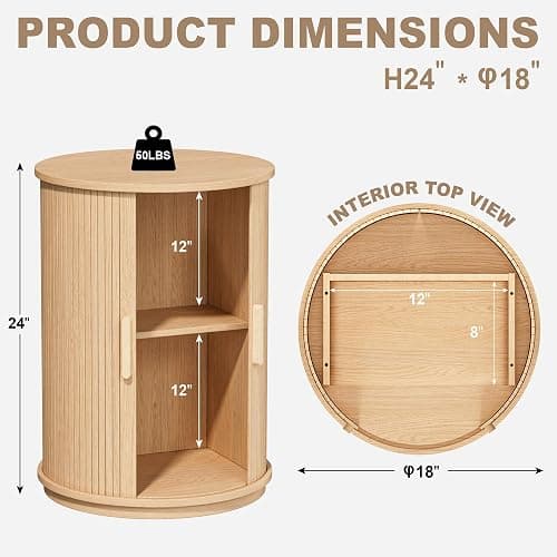 INNOD Side Table with Storage for Living Room, Round End Table with Sliding Tambour Door, Wood Night Stand Nightstand Bedside Table for Bedroom, Small Round Side Table, Mid Century Modern, Light Oak thumbnail 2