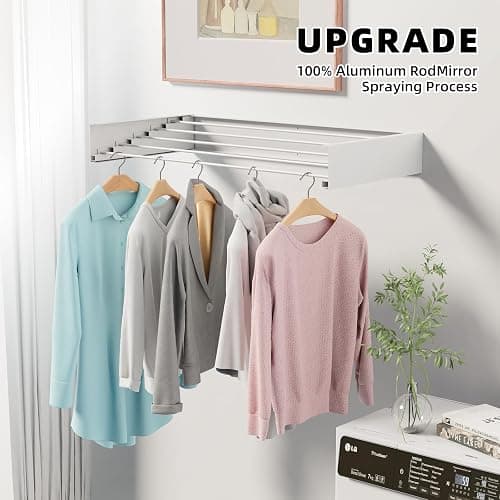 Laundry Drying Rack Collapsible, Wall Mounted, Clothes Drying Rack, 31.5" Wide, 13.2 Linear Ft, 5 Aluminum Rods, 60 lb Capacity, Laundry Racks for Drying Clothes with Wall Template(White 31.5" ) - White - 31.5'' thumbnail 2