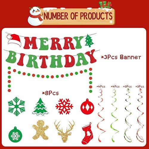 Gameza Christmas Birthday Decorations, 15PCS Glittery Merry Birthday Banners Hanging Swirls Decor, Xmas Happy Bday Party Decor for Girls Boys thumbnail 4
