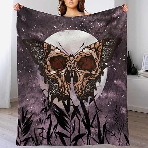 Death Moth Blanket, Boho Gothic Skull Moth Purple Starry Plant Full Moon Mysterious Witchy Throw Blanket for Couch Sofa Office Bed Travelling Bed Throws, 50"x60" thumbnail 8