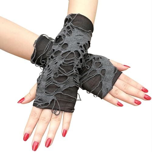 Luwigs Women's Punk Fingerless Gloves Arm Warmers Black Broken Slit Ripped Gothic Gloves for Halloween Costume Party 1 Pair thumbnail 2