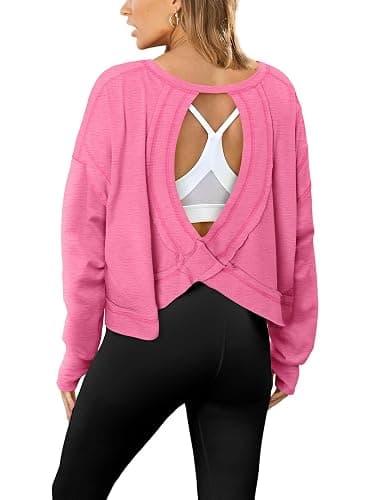 Magritta Womens Open Back Workout Top Loose Fit Boat Neck Athletic Shirts Casual Backless Crop Running Tee Y2k Yoga - Image 1