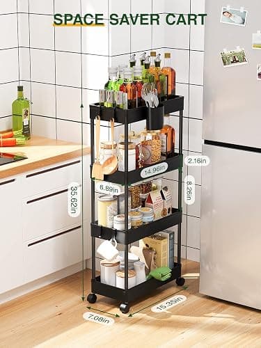 LEHOM Slim Rolling Storage Cart - 4 Tiers Bathroom Organizer Utility Cart Slide Out Storage Shelves Mobile Shelving Unit for Kitchen, Bedroom, Office, Laundry Room, Small Narrow Spaces（7.1" W+Black） thumbnail 3
