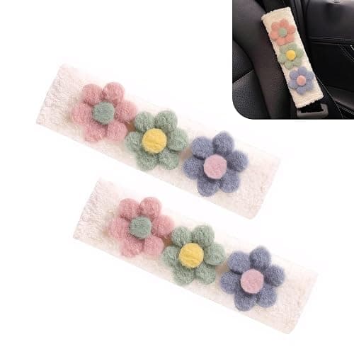 Bawkars 2 PCS Car Seat Belt Cover Pads, Cute Flower Safety Seatbelt Covers Cushion, 9.4" x 2.5" Soft Plush Shoulder Strap Protector, Universal Seat Belt Cover for Adults and Kids (Purple) - Image 1
