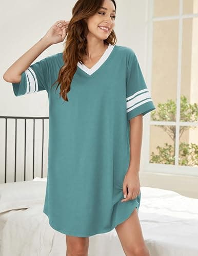 Ekouaer Womens Nightgown Cotton Sleepwear Short Sleeve Sleep Shirt V Neck Color Block Nightshirt thumbnail 3