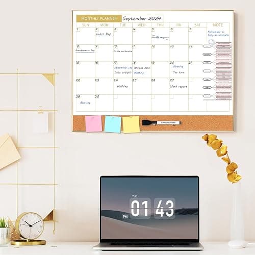 ARCOBIS Dry Erase Calendar Whiteboard Cork Board Combo, 24"x18" Magnetic White Board Calendar Dry Erase for Wall, Gold Frame Monthly Combination Board for Office, Home, School thumbnail 2