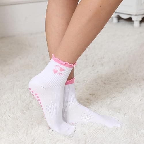 Puedizux Women Cute Pilates Socks Grip Crew Yoga Socks Ruffle Cuff Embroidery Pattern Workout Ballet Socks thumbnail 8