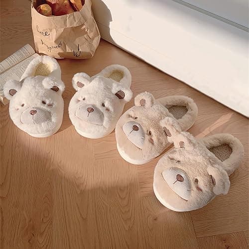 conrtems Winter home warm Baotou cotton slippers girl heart cute plush bear soft bottom slippers. thumbnail 3