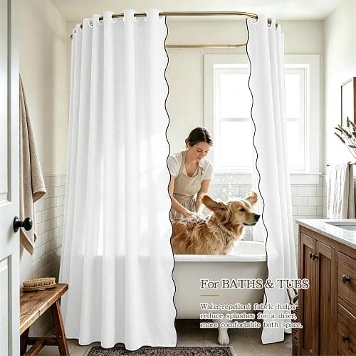 Furlinic Scalloped Shower Curtain No Hook 96 Inch White Linen Fabric Waterproof Extra Wide Wrap Around Curtain, Vintage Modern Bright Heavy Hotel Neutral Textured Elegant Cloth Curtain W 96" x H 75" thumbnail 5