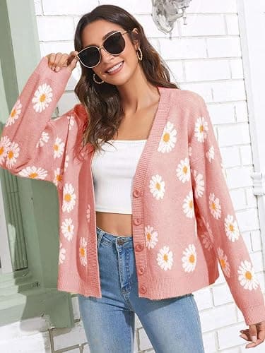 Women's Floral Print Cardigan Long Sleeve Open Front Button Down V Neck Knitted Sweaters thumbnail 2