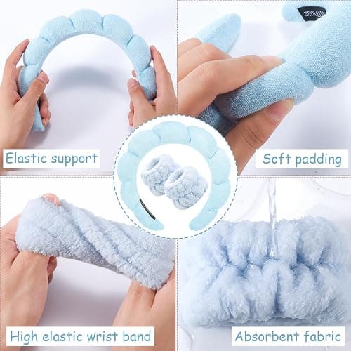 Zkptops Spa Headband for Washing Face Wristband Set Sponge Makeup Skincare Headband Terry Cloth Bubble Soft Get Ready Hairband for Women Girl Puffy Padded Headwear Non Slip Thick Hair Accessory(Blue) thumbnail 5