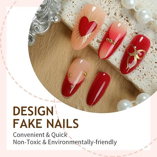 Auroriel 24 Stück Medium Almond Press on Nails Rot mit 3D Gold Schleife Herz Designs French Tip Wiederverwendbare Acrylic Fake Nails Full Cover Glitzersteine für Frauen Neujahr Party thumbnail 3