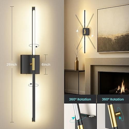 Battery Operated Wall Sconces Set of Two, 10000mAh Rechargeable Wall Lights with Remote Control, 360° Rotate Dimmable Black Gold LED Cordless Lighting for Bedroom, Living Room, Hallway, 29 Inch, 3CCT thumbnail 4