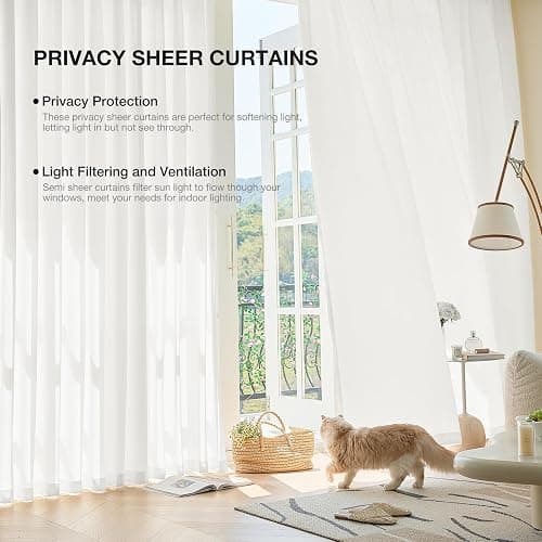 Anmao Non-See-Through Off White Privacy Semi Sheer Curtains for Living Room 80 Inch Length 2 Panels Set, Light Filtering That Let Light in Rod Pocket Window Drapes for Bedroom, 52W x 80L, Ivory White thumbnail 6