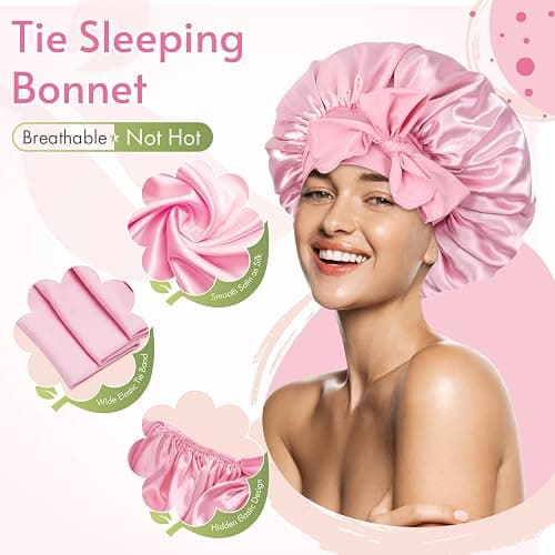 BONNET QUEEN Silk Bonnet for Sleeping Women Satin Bonnet Night Sleep Cap Wrap for Curly Hair with Adjustable Tie Band,Pink thumbnail 3