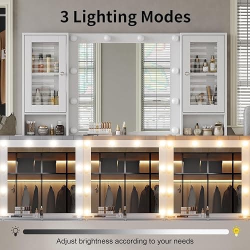 Vanity with Mirror and 10 LED Lights,Vanity Desk with Power Outlet, Makeup Vanity with 12 Drawers and 2 Cabinets, Fold-up Panel, Glass Top Vanity Table with Chair for Bedroom, White thumbnail 5